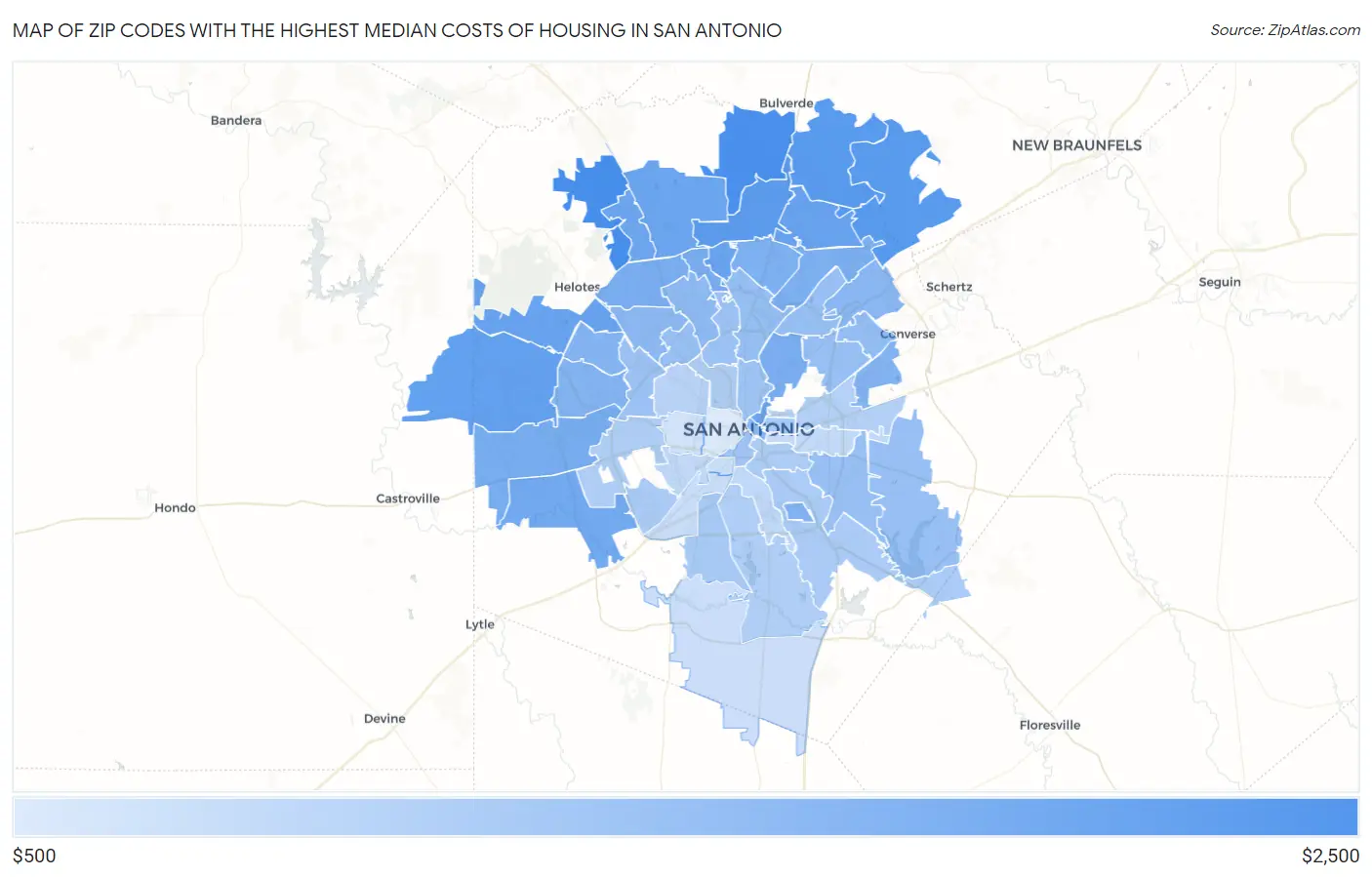 Zip Codes with the Highest Median Costs of Housing in San Antonio Map