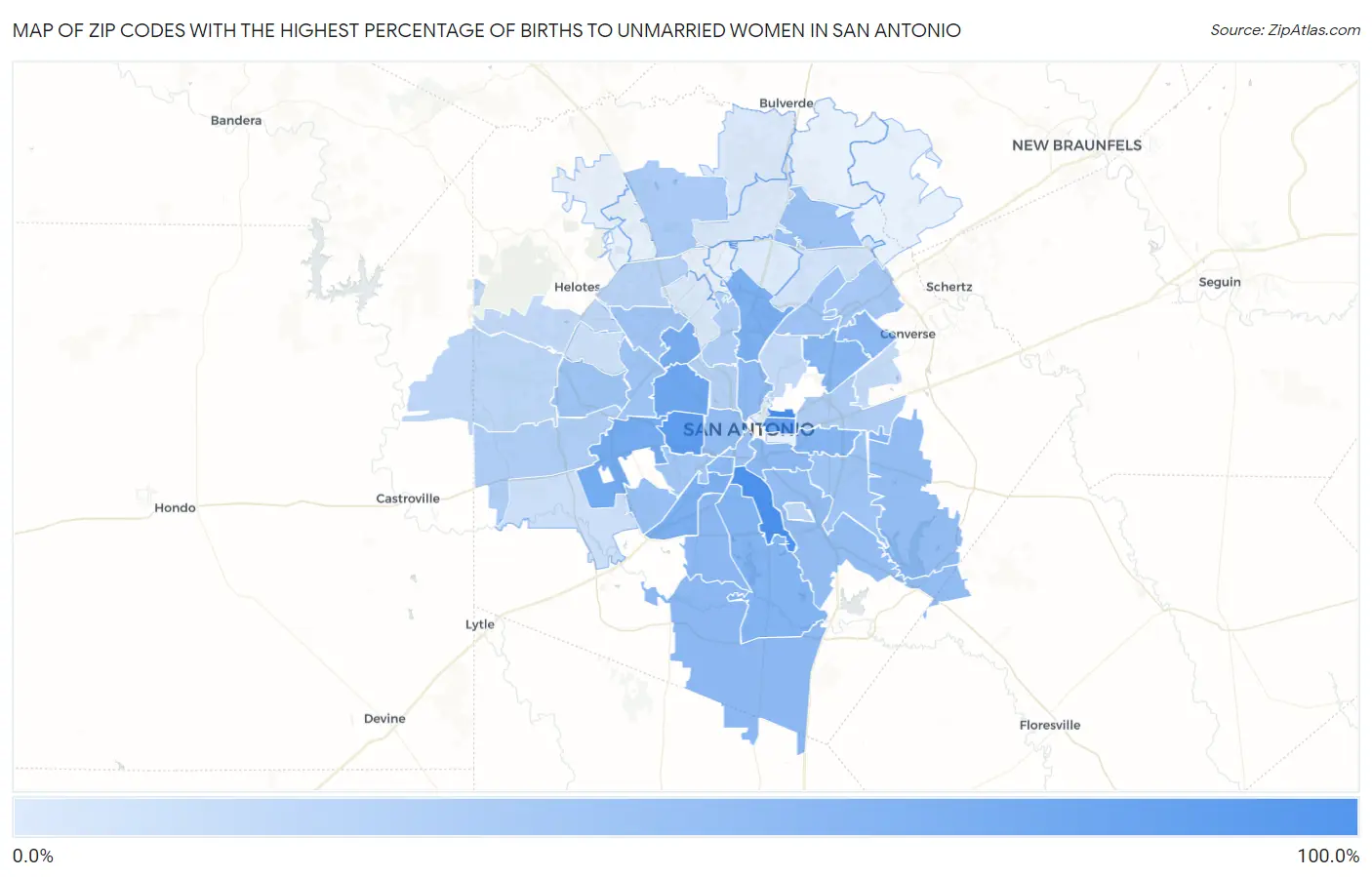 Zip Codes with the Highest Percentage of Births to Unmarried Women in San Antonio Map