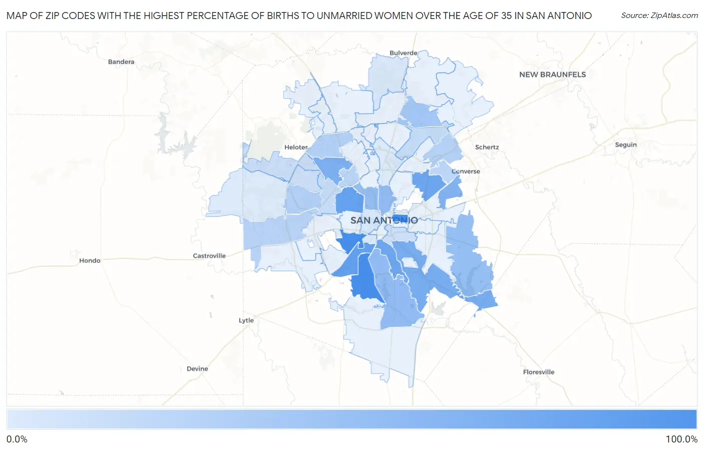 Zip Codes with the Highest Percentage of Births to Unmarried Women over the Age of 35 in San Antonio Map