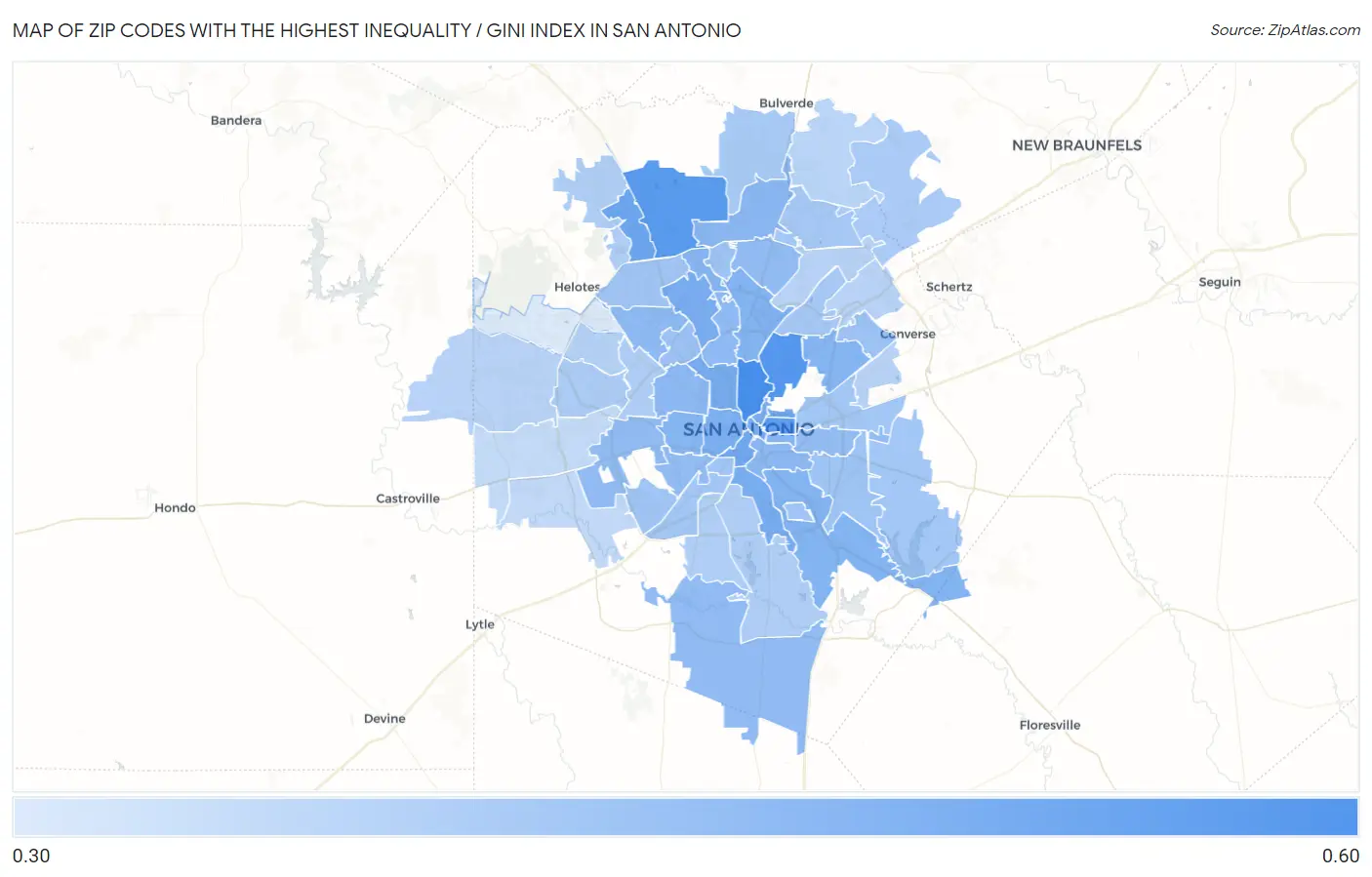Zip Codes with the Highest Inequality / Gini Index in San Antonio Map