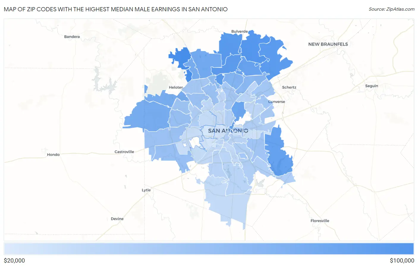 Zip Codes with the Highest Median Male Earnings in San Antonio Map