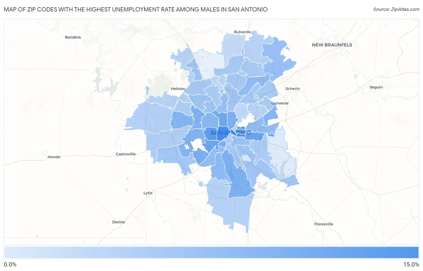 Zip Codes with the Highest Unemployment Rate Among Males in San Antonio Map