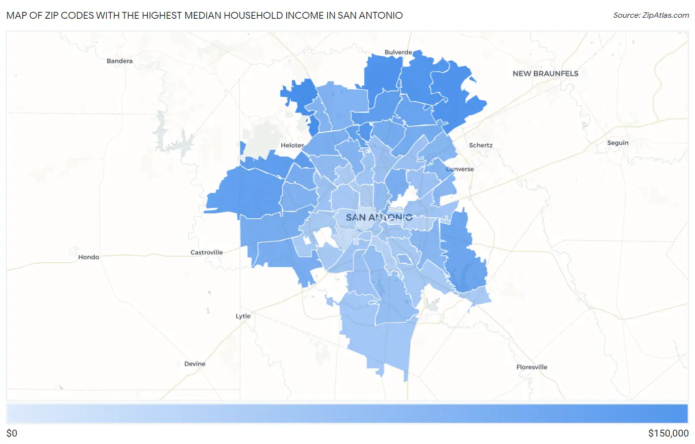 Zip Codes with the Highest Median Household Income in San Antonio Map