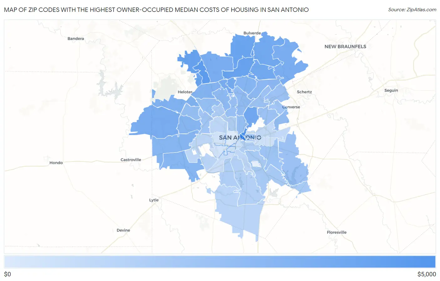 Zip Codes with the Highest Owner-Occupied Median Costs of Housing in San Antonio Map