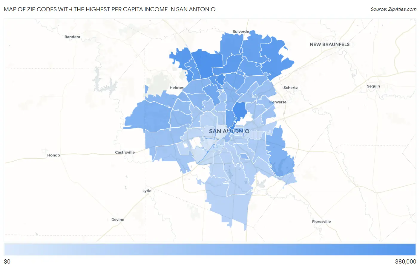 Zip Codes with the Highest Per Capita Income in San Antonio Map