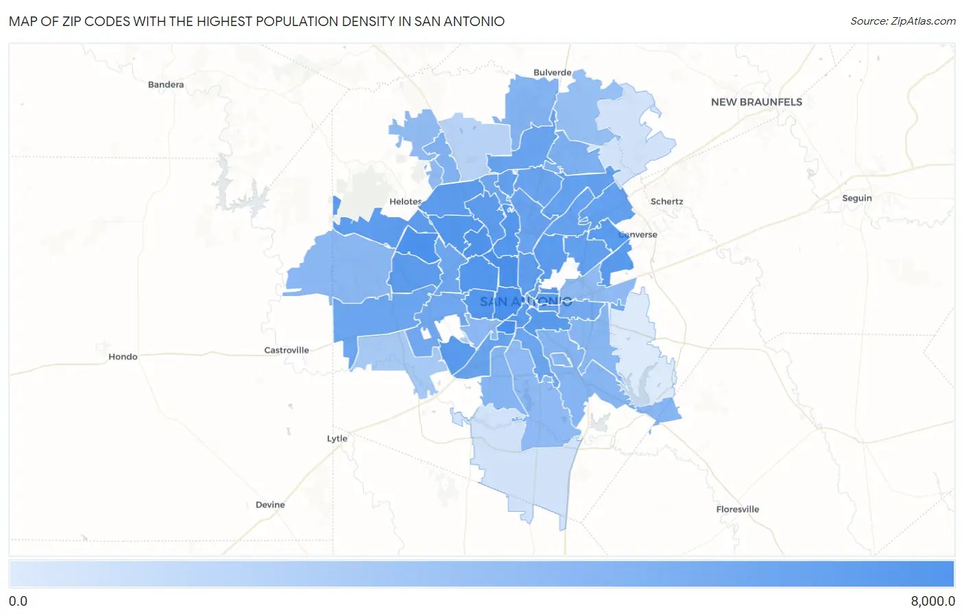 Zip Codes with the Highest Population Density in San Antonio Map