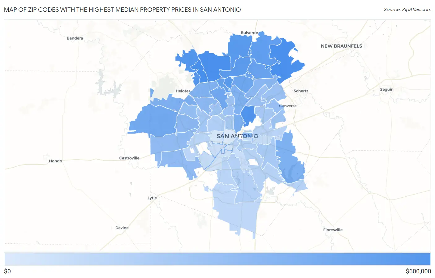 Zip Codes with the Highest Median Property Prices in San Antonio Map