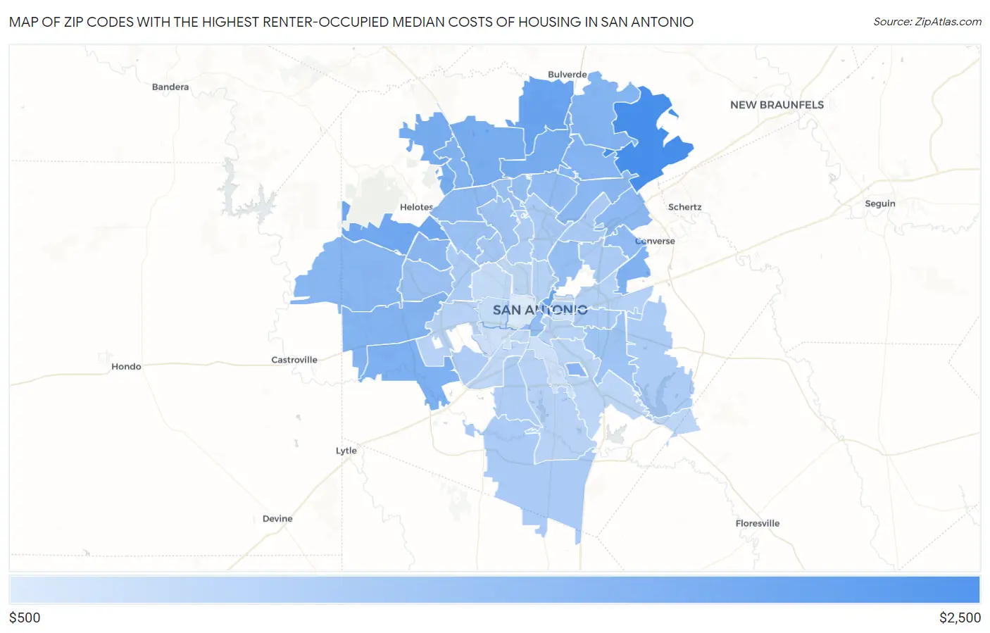 Zip Codes with the Highest Renter-Occupied Median Costs of Housing in San Antonio Map
