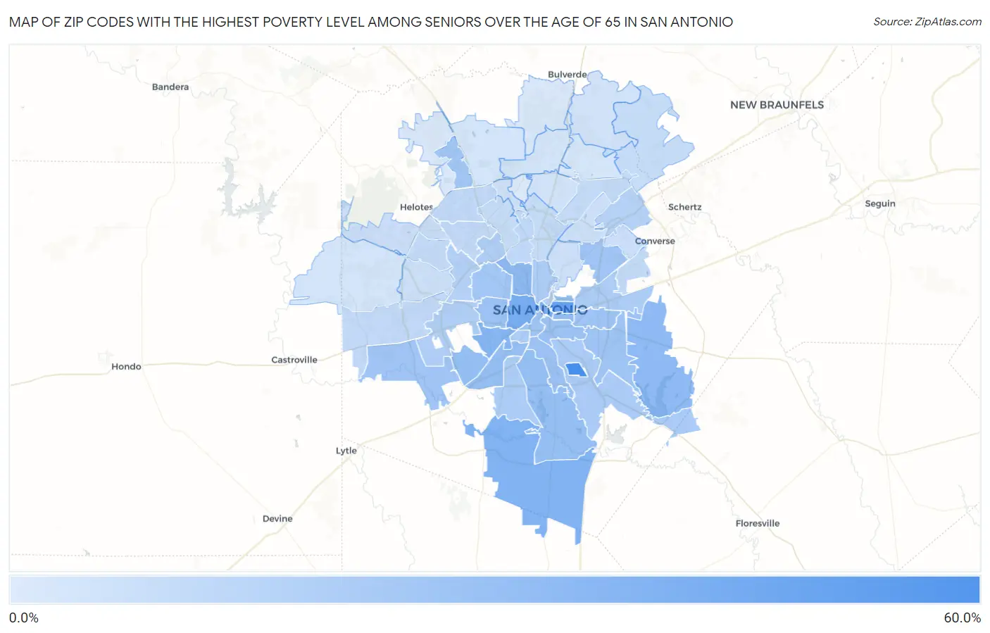 Zip Codes with the Highest Poverty Level Among Seniors Over the Age of 65 in San Antonio Map