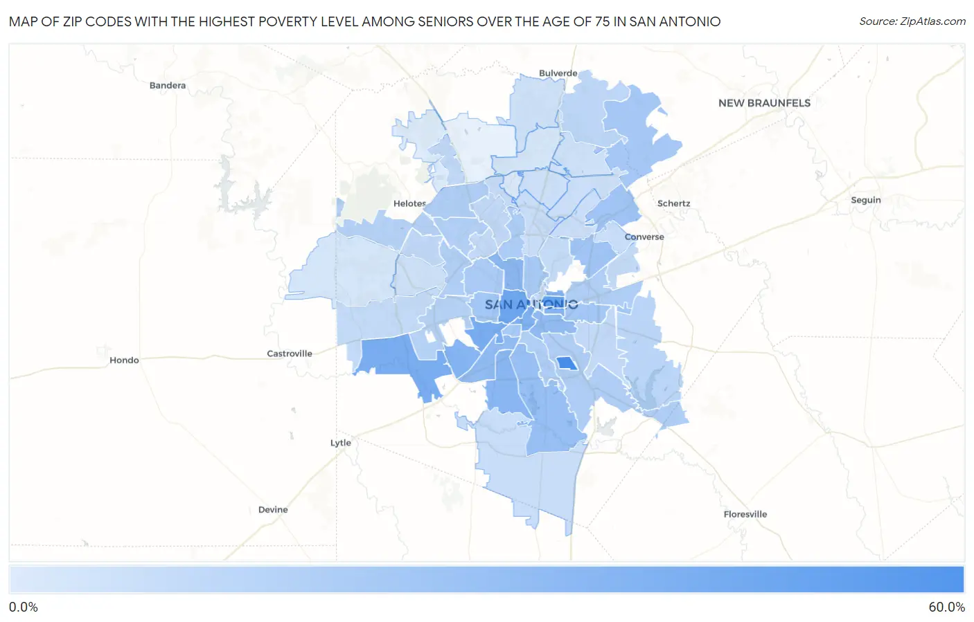 Zip Codes with the Highest Poverty Level Among Seniors Over the Age of 75 in San Antonio Map