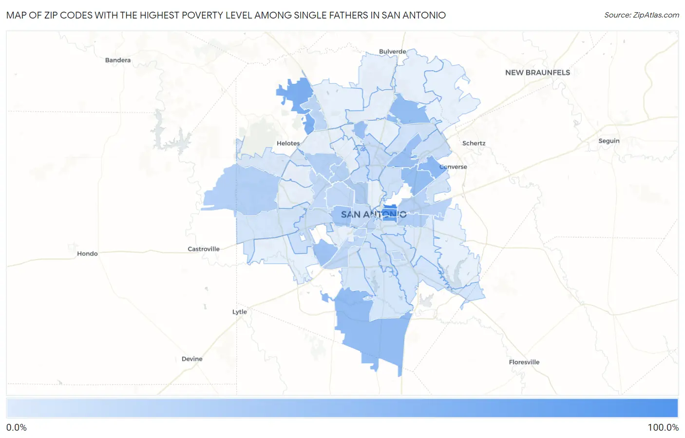Zip Codes with the Highest Poverty Level Among Single Fathers in San Antonio Map