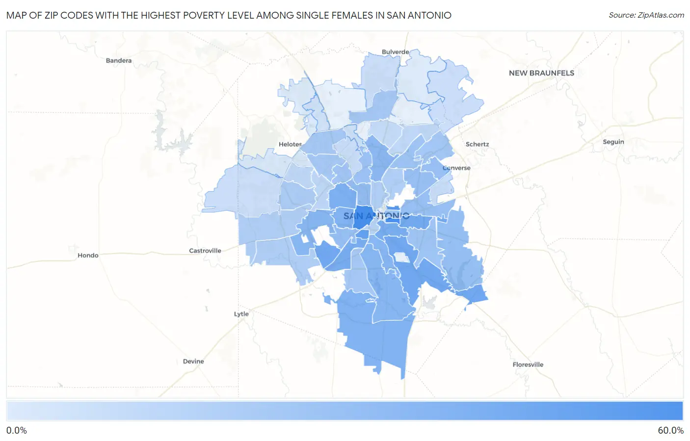 Zip Codes with the Highest Poverty Level Among Single Females in San Antonio Map