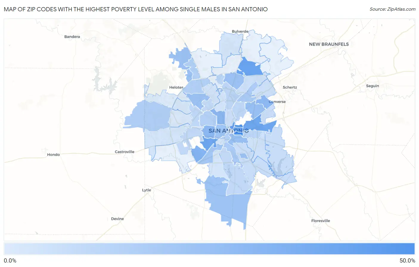 Zip Codes with the Highest Poverty Level Among Single Males in San Antonio Map