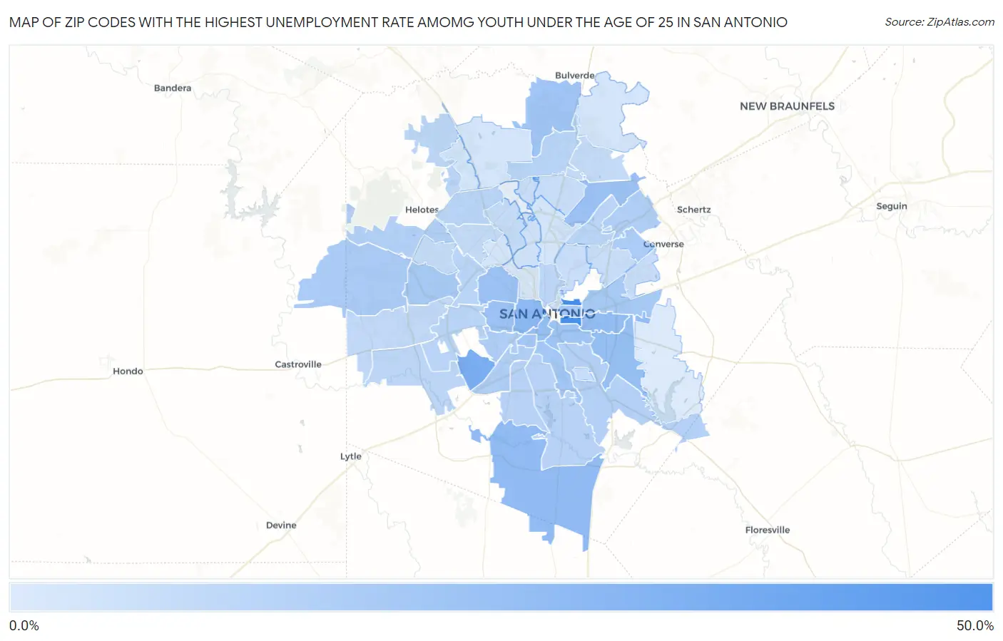 Zip Codes with the Highest Unemployment Rate Amomg Youth Under the Age of 25 in San Antonio Map