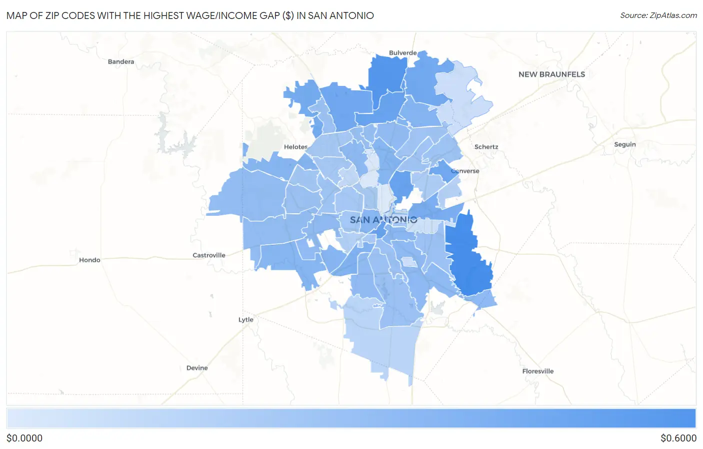 Zip Codes with the Highest Wage/Income Gap ($) in San Antonio Map