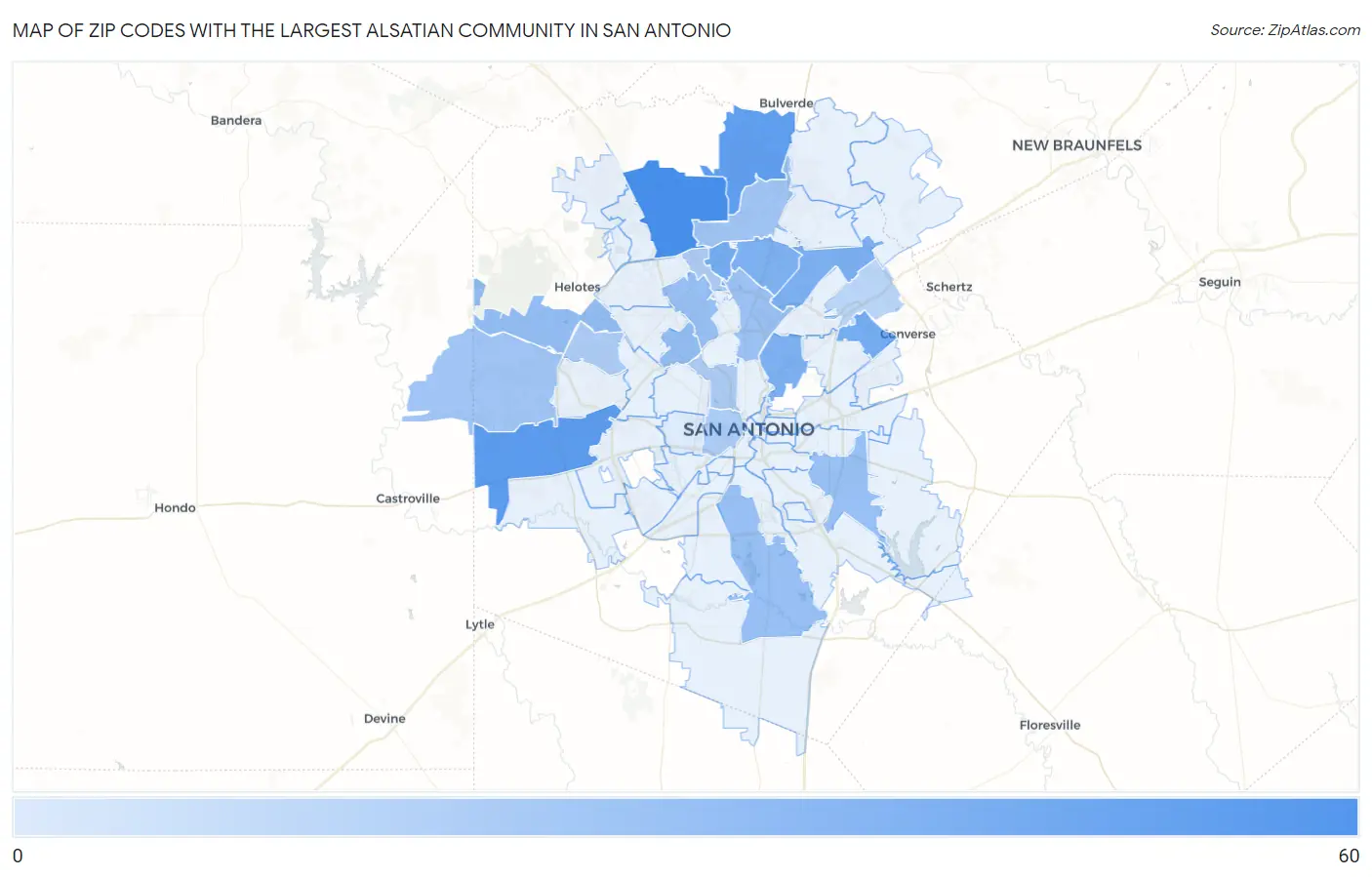 Zip Codes with the Largest Alsatian Community in San Antonio Map