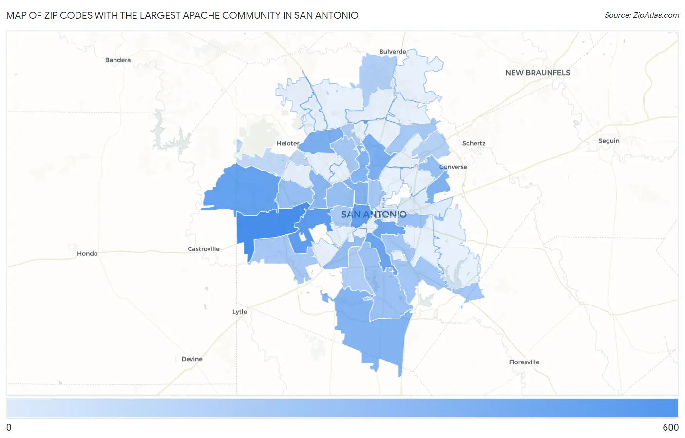 Zip Codes with the Largest Apache Community in San Antonio Map