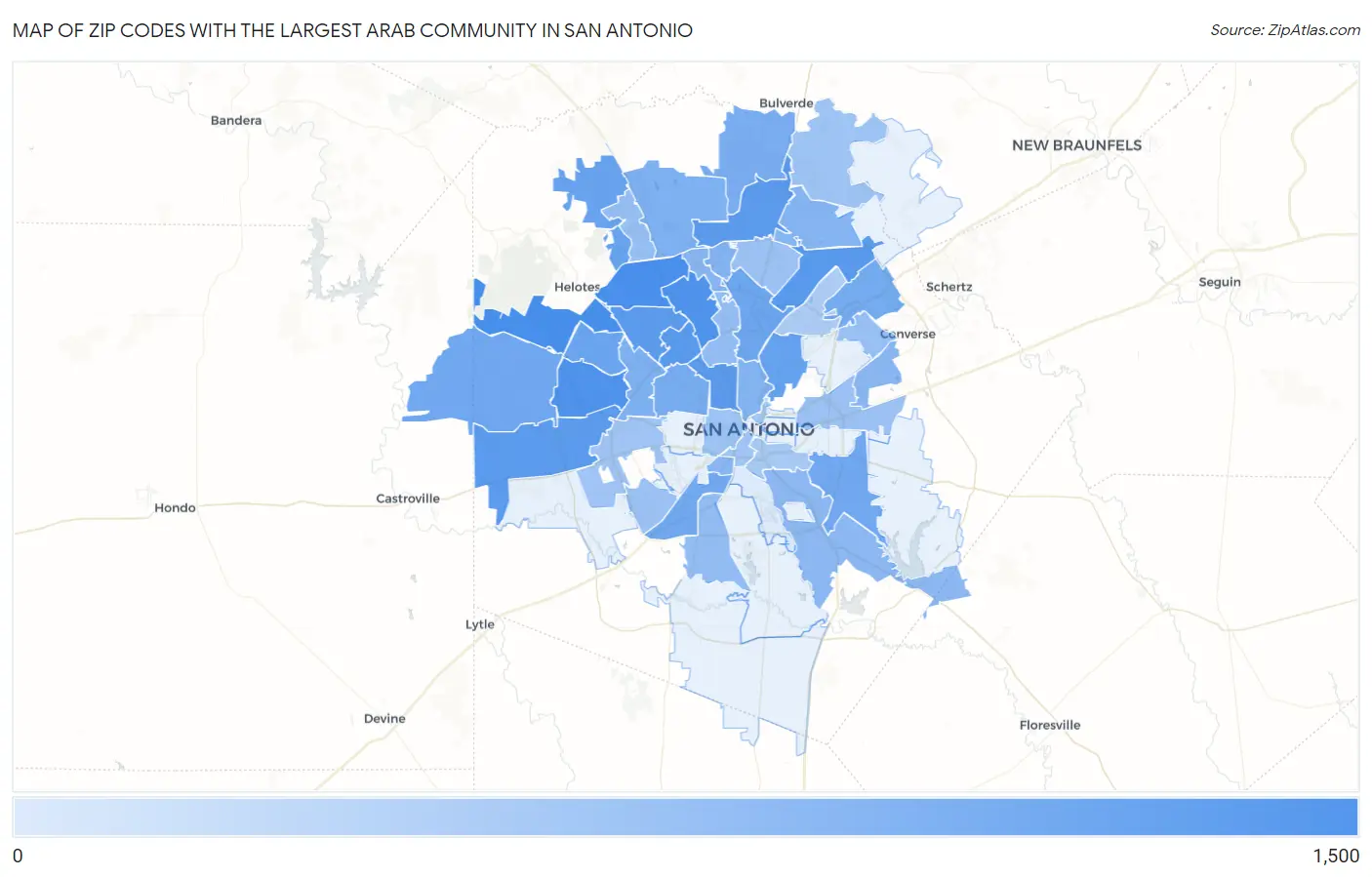 Zip Codes with the Largest Arab Community in San Antonio Map