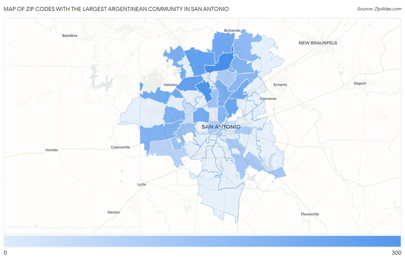 Zip Codes with the Largest Argentinean Community in San Antonio Map