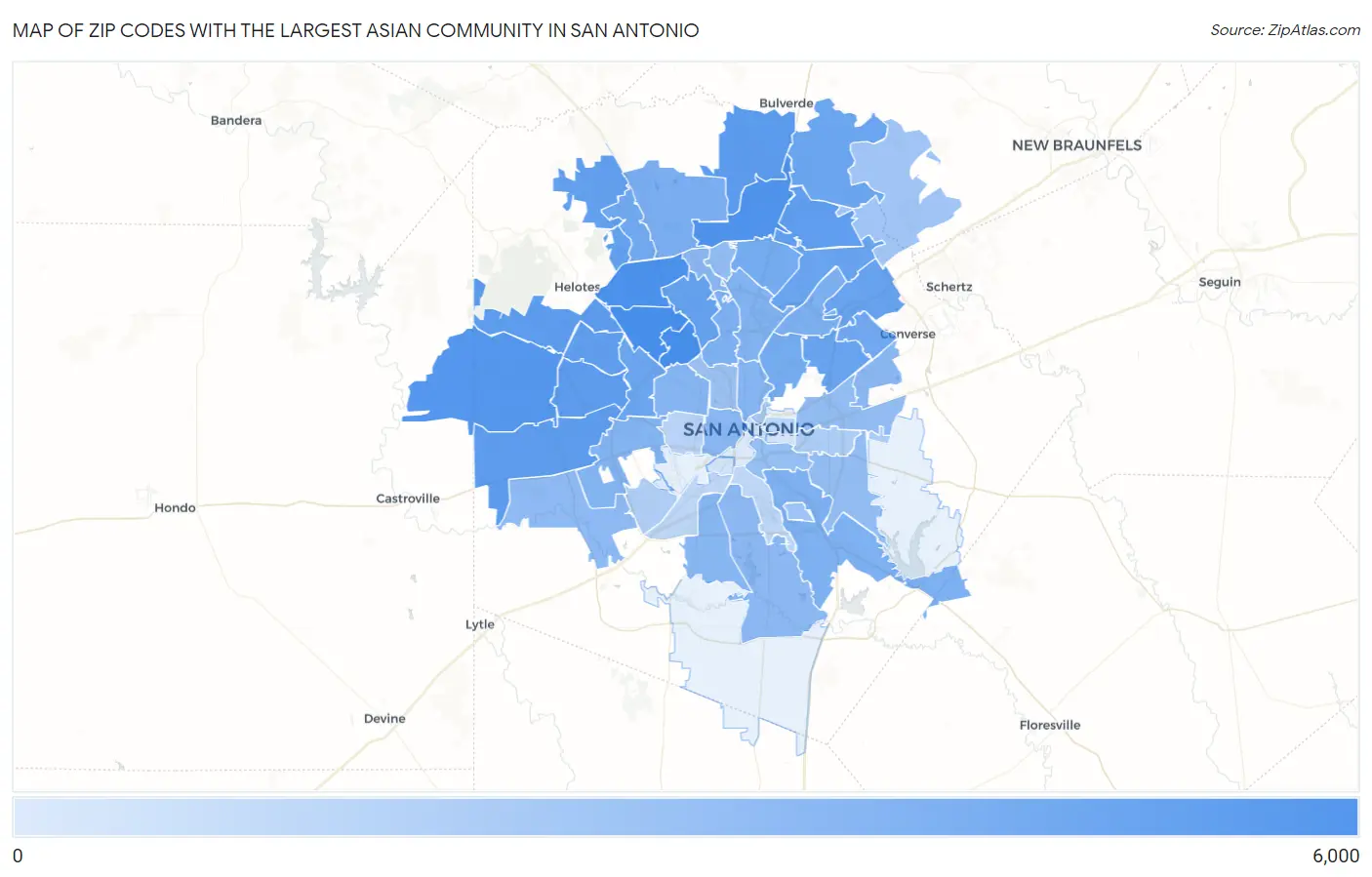 Zip Codes with the Largest Asian Community in San Antonio Map