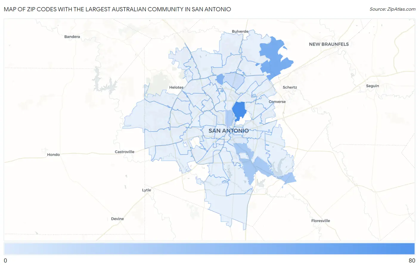 Zip Codes with the Largest Australian Community in San Antonio Map