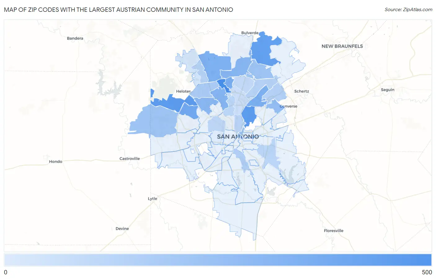 Zip Codes with the Largest Austrian Community in San Antonio Map