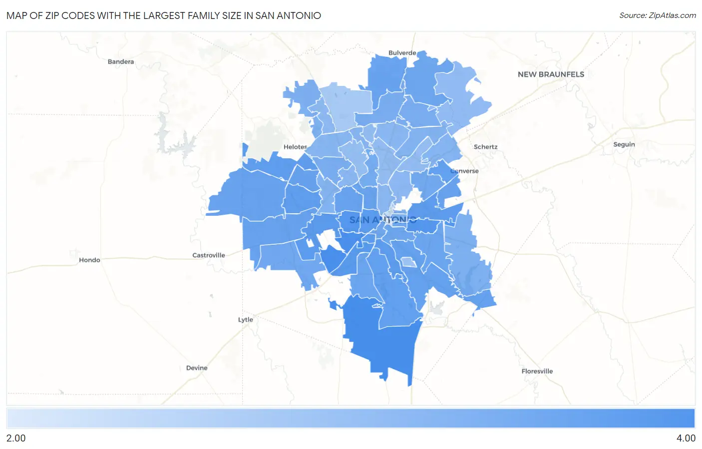 Zip Codes with the Largest Family Size in San Antonio Map
