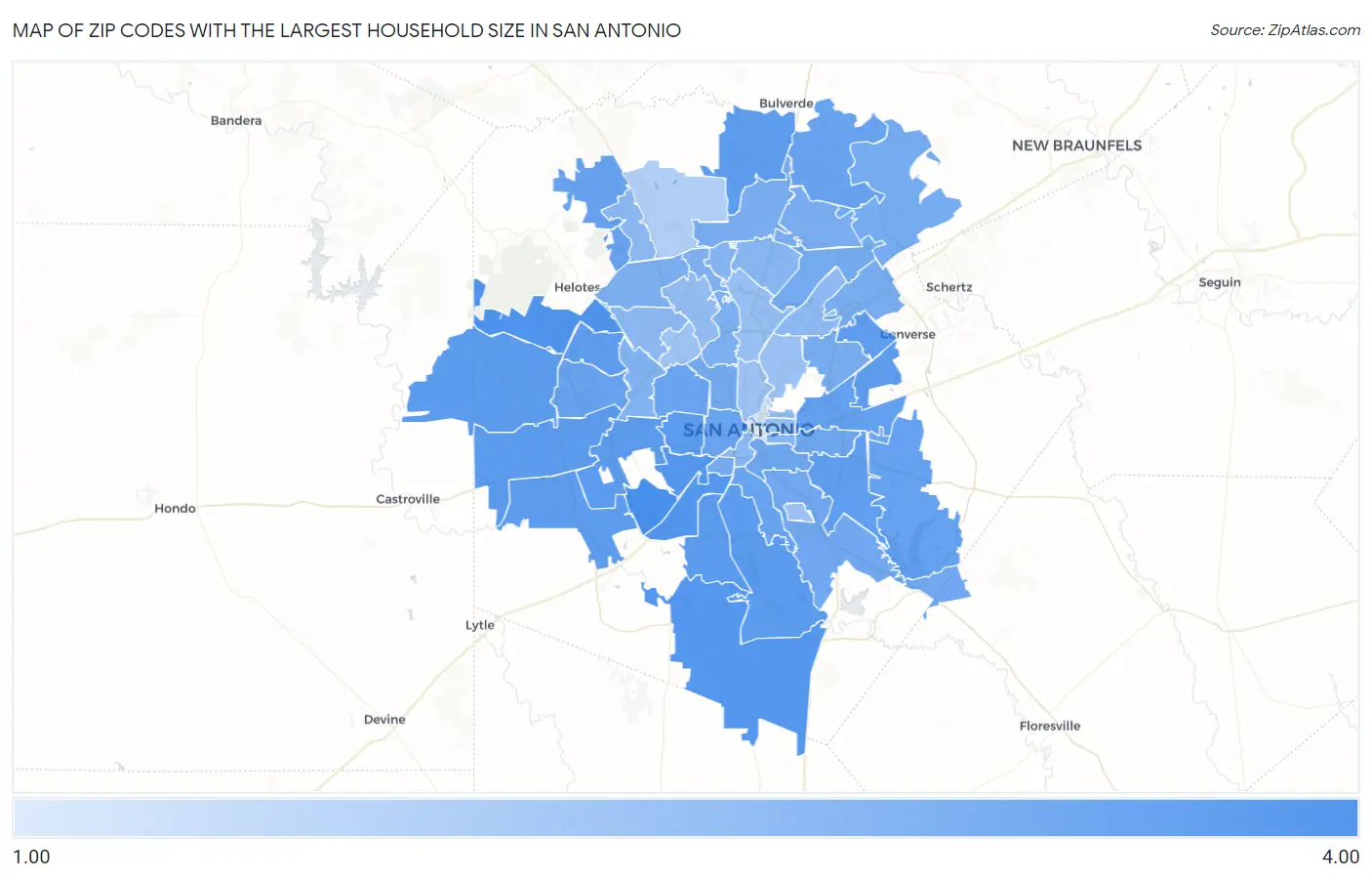Zip Codes with the Largest Household Size in San Antonio Map