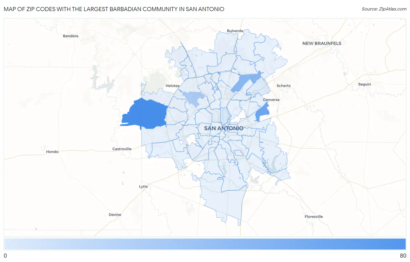 Zip Codes with the Largest Barbadian Community in San Antonio Map