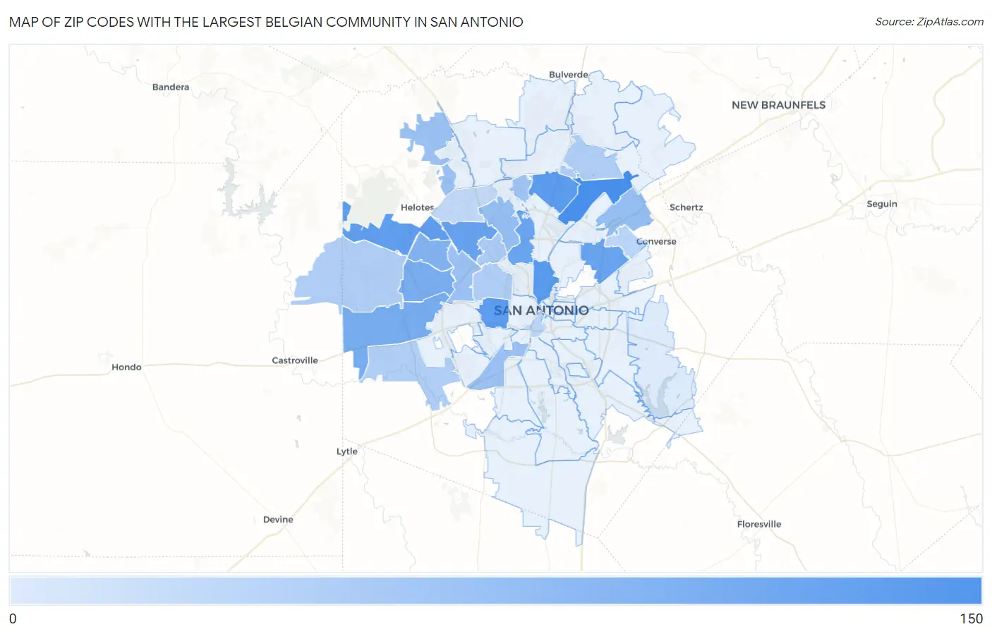 Zip Codes with the Largest Belgian Community in San Antonio Map