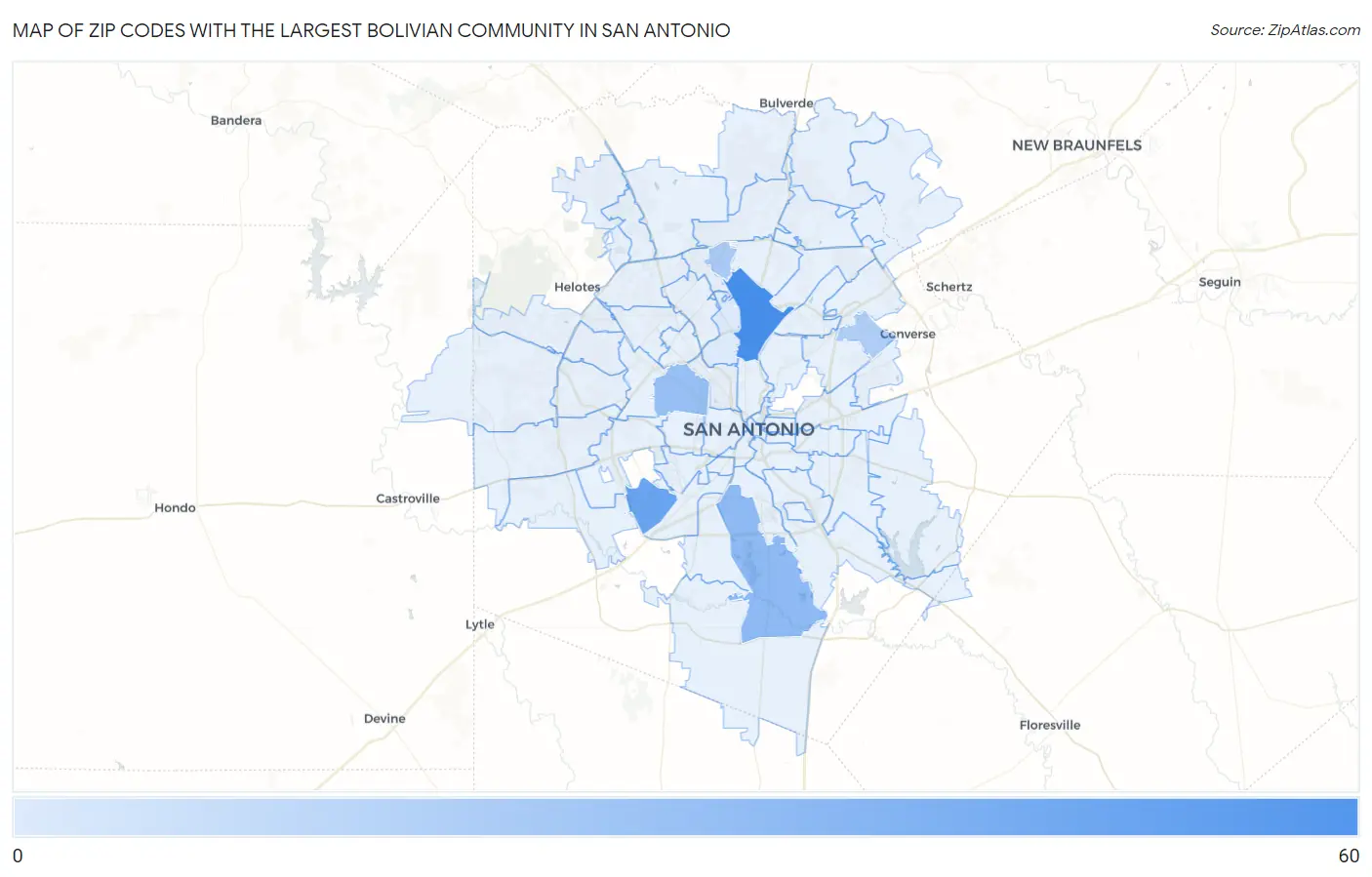 Zip Codes with the Largest Bolivian Community in San Antonio Map