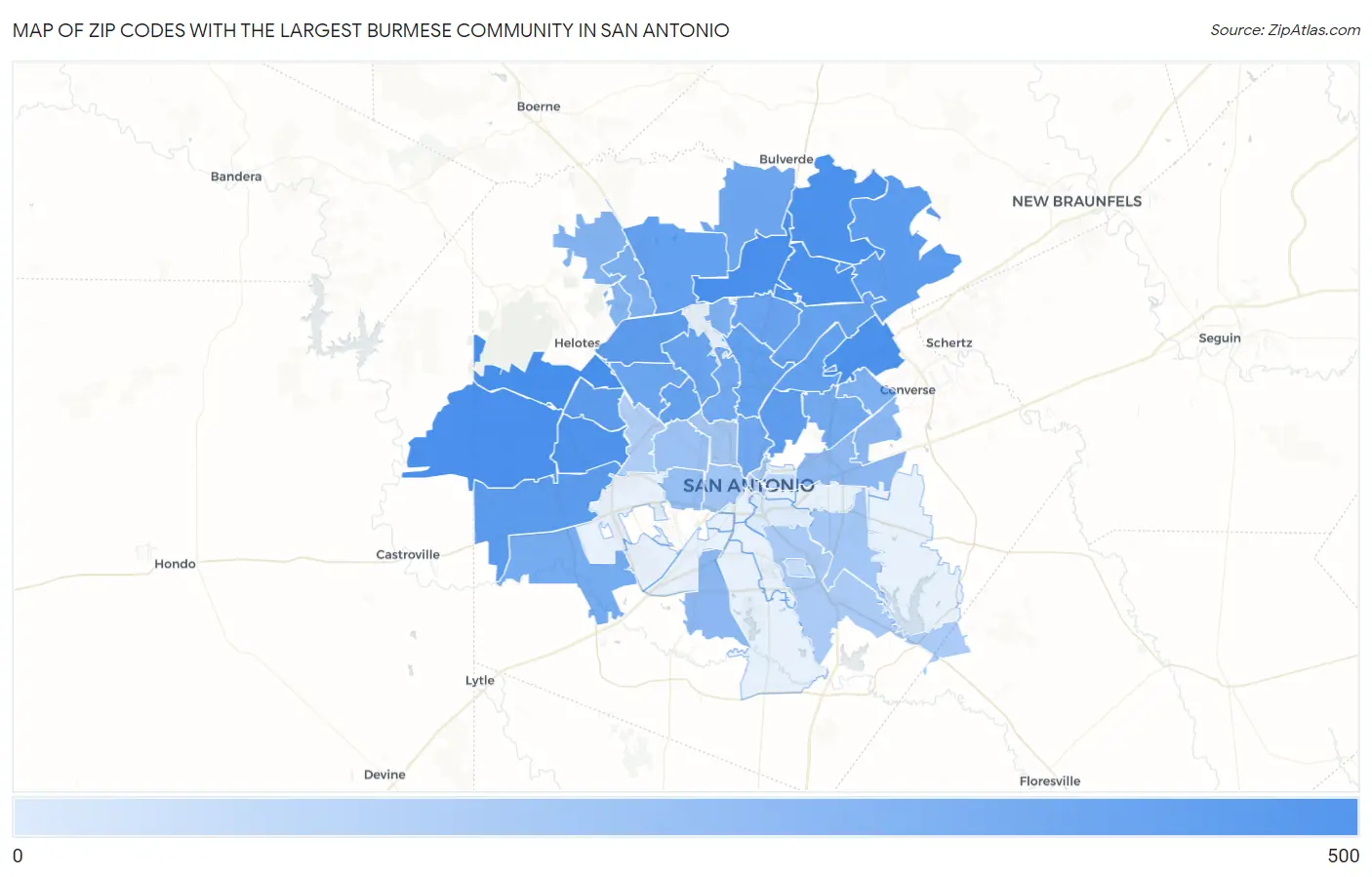 Zip Codes with the Largest Burmese Community in San Antonio Map