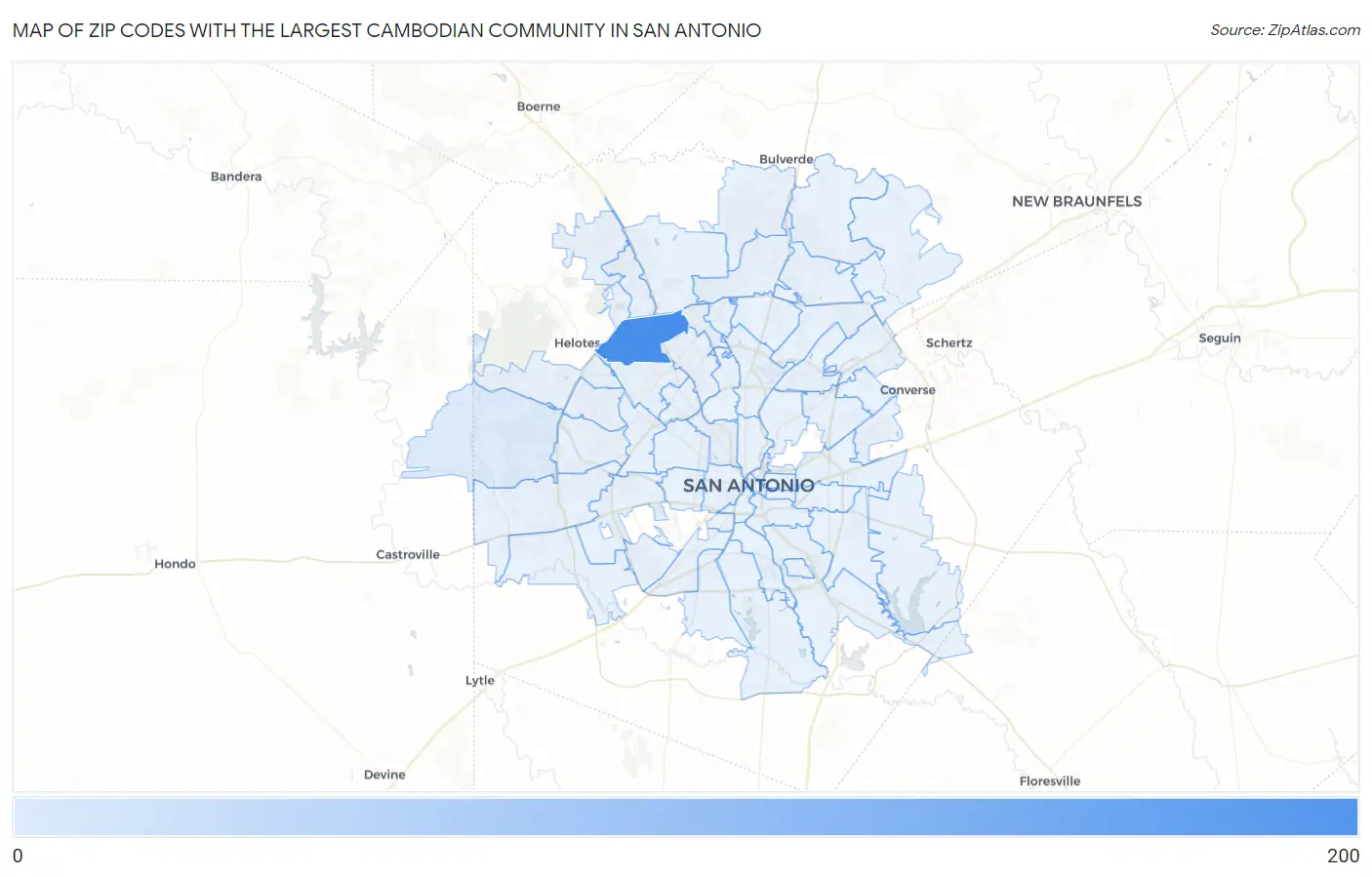 Zip Codes with the Largest Cambodian Community in San Antonio Map