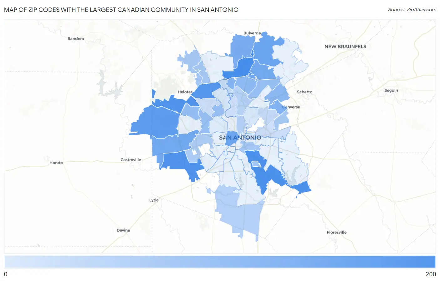 Zip Codes with the Largest Canadian Community in San Antonio Map