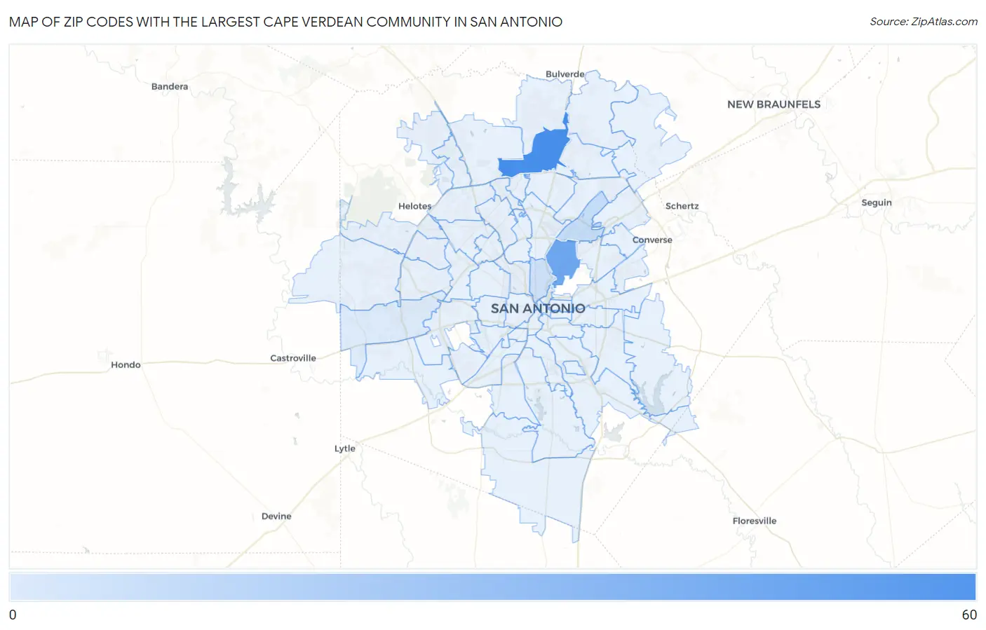 Zip Codes with the Largest Cape Verdean Community in San Antonio Map