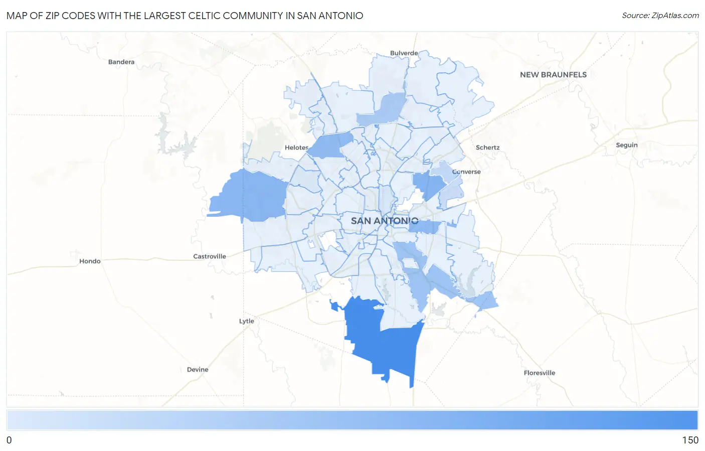 Zip Codes with the Largest Celtic Community in San Antonio Map