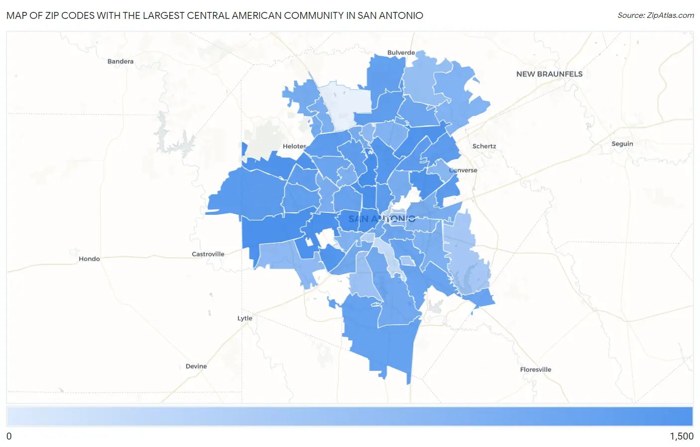 Zip Codes with the Largest Central American Community in San Antonio Map