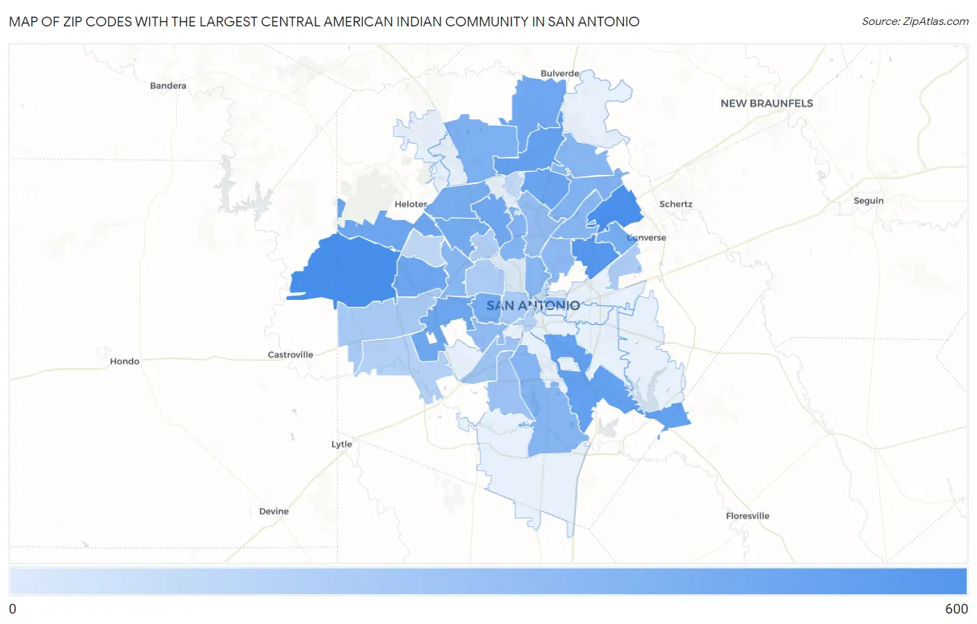 Zip Codes with the Largest Central American Indian Community in San Antonio Map