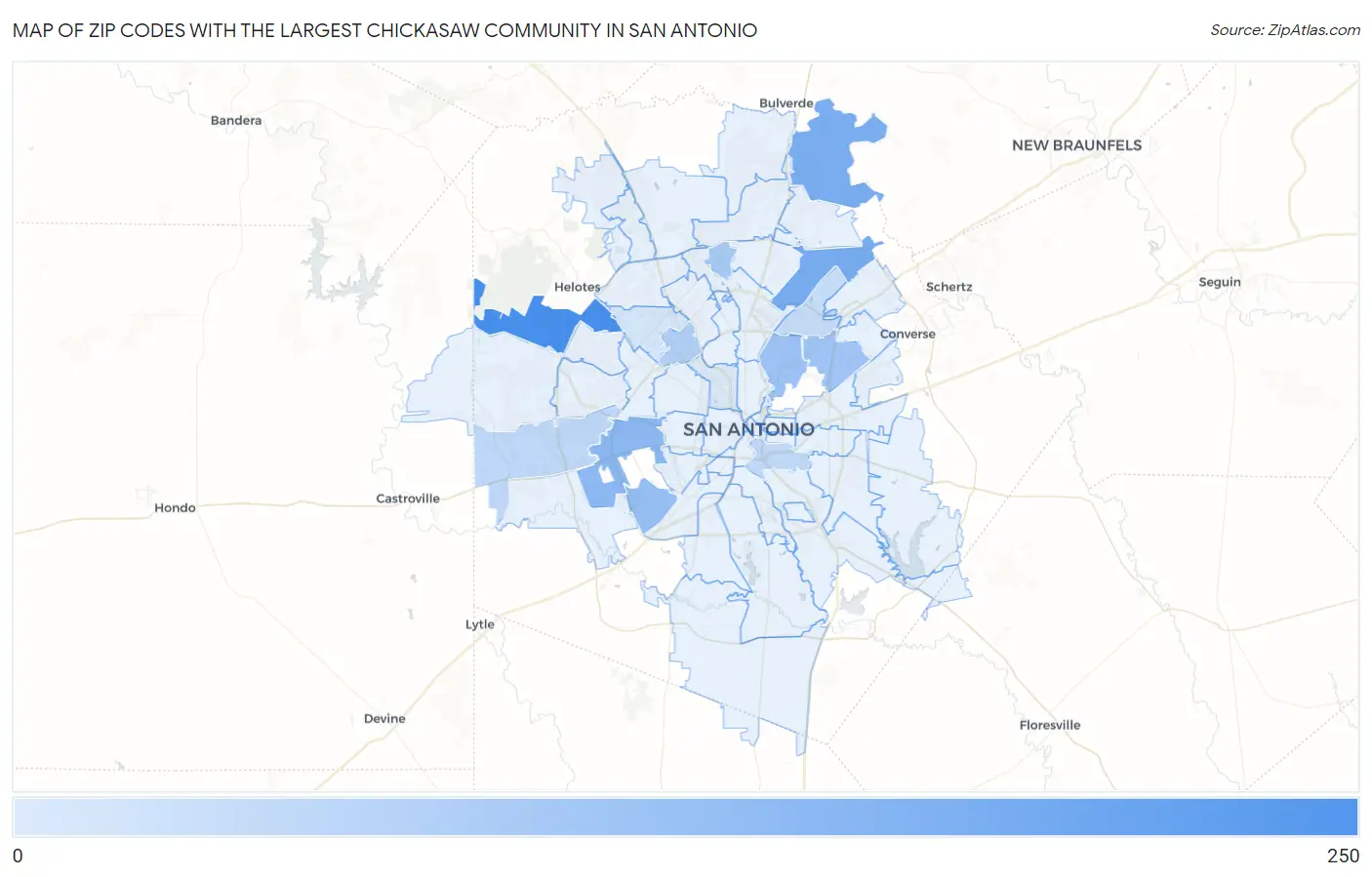 Zip Codes with the Largest Chickasaw Community in San Antonio Map