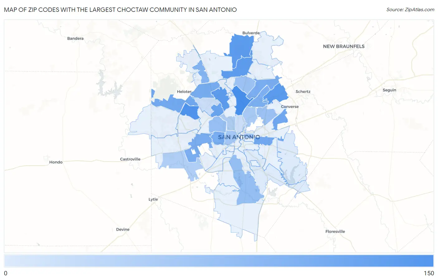 Zip Codes with the Largest Choctaw Community in San Antonio Map