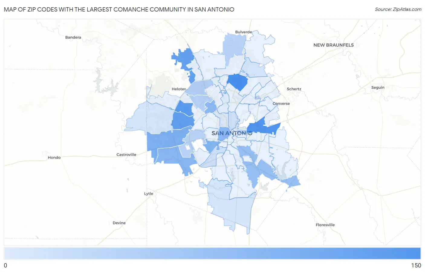 Zip Codes with the Largest Comanche Community in San Antonio Map