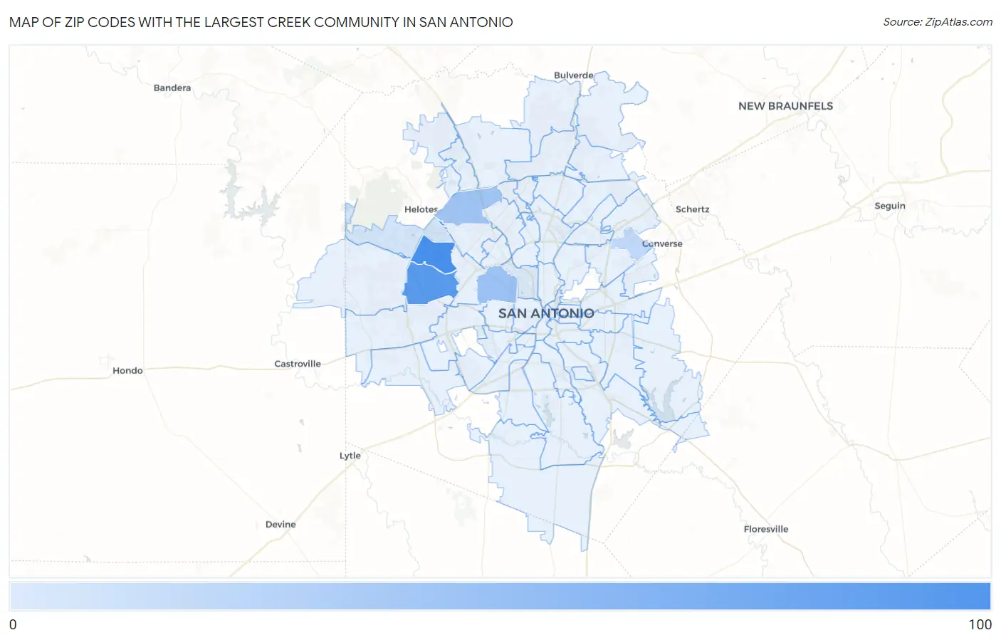 Zip Codes with the Largest Creek Community in San Antonio Map