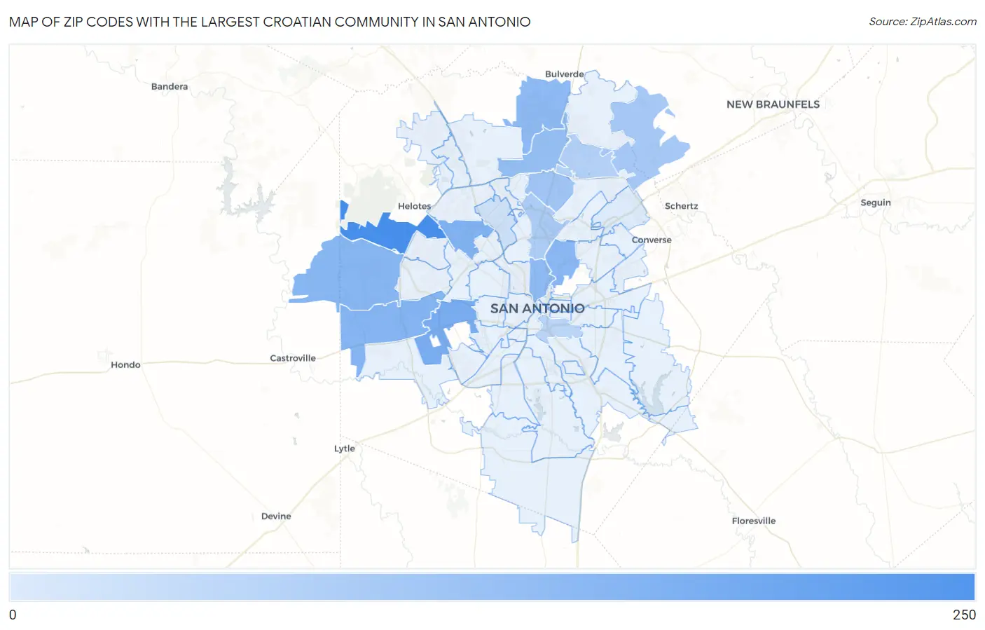Zip Codes with the Largest Croatian Community in San Antonio Map