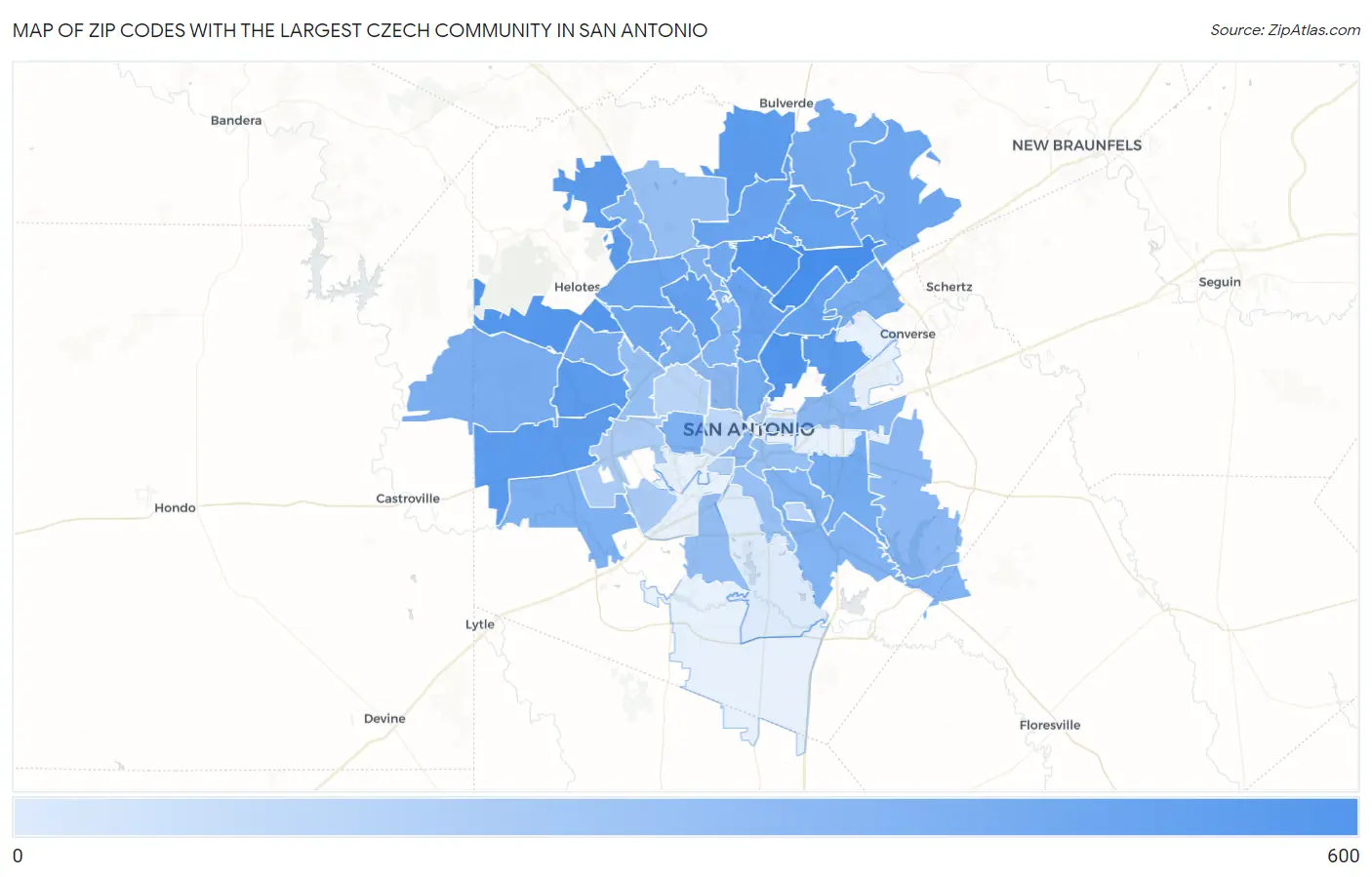 Zip Codes with the Largest Czech Community in San Antonio Map
