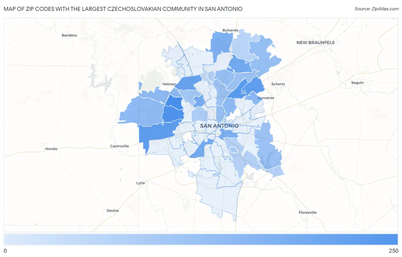 Zip Codes with the Largest Czechoslovakian Community in San Antonio Map