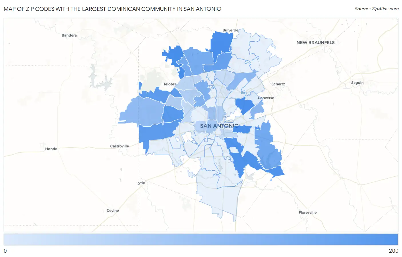 Zip Codes with the Largest Dominican Community in San Antonio Map