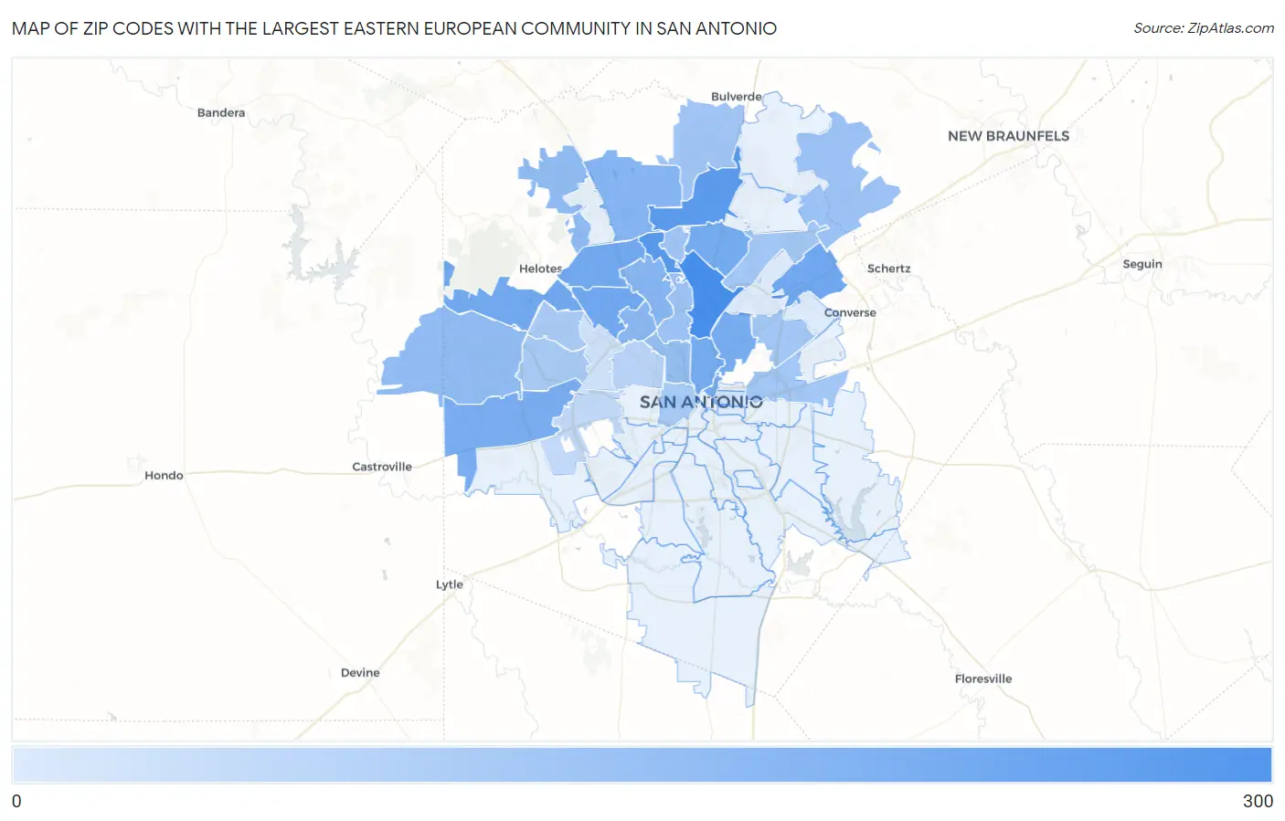 Zip Codes with the Largest Eastern European Community in San Antonio Map