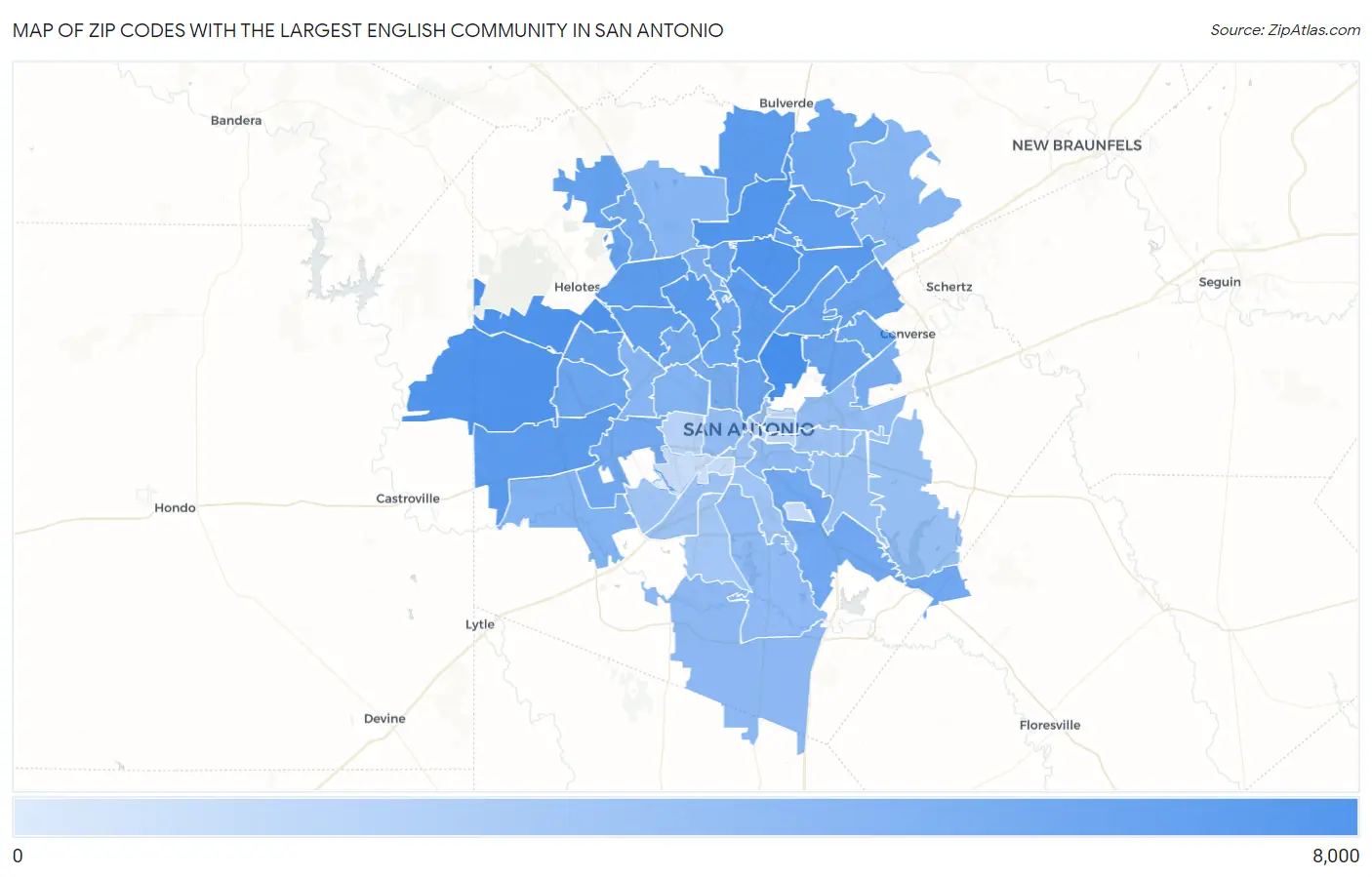 Zip Codes with the Largest English Community in San Antonio Map