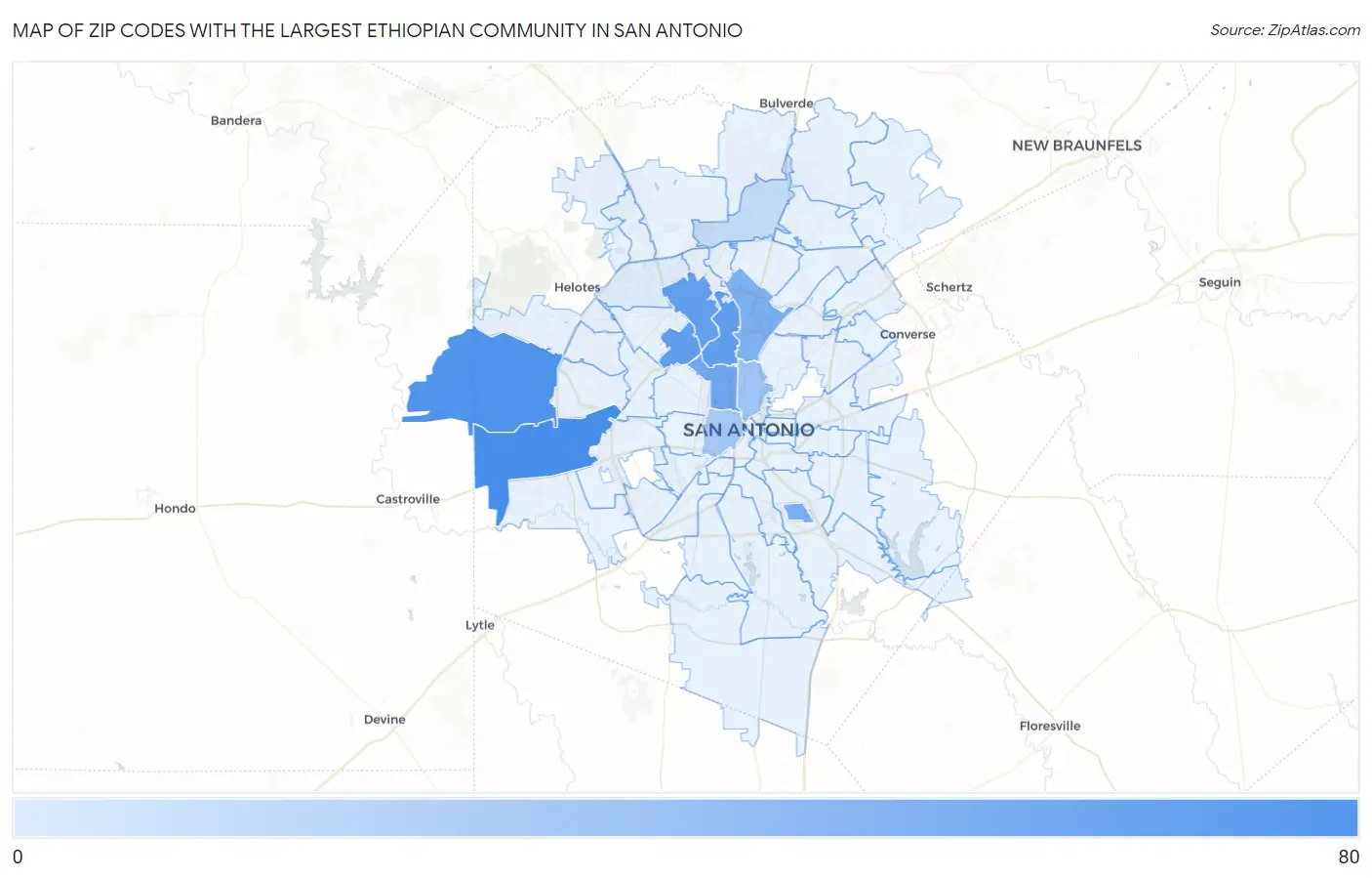 Zip Codes with the Largest Ethiopian Community in San Antonio Map