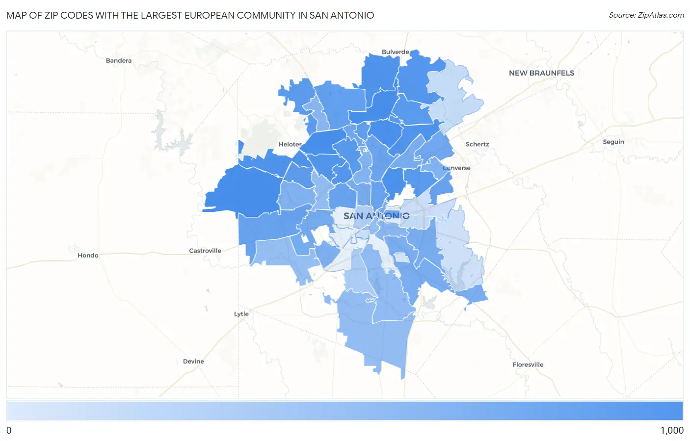 Zip Codes with the Largest European Community in San Antonio Map